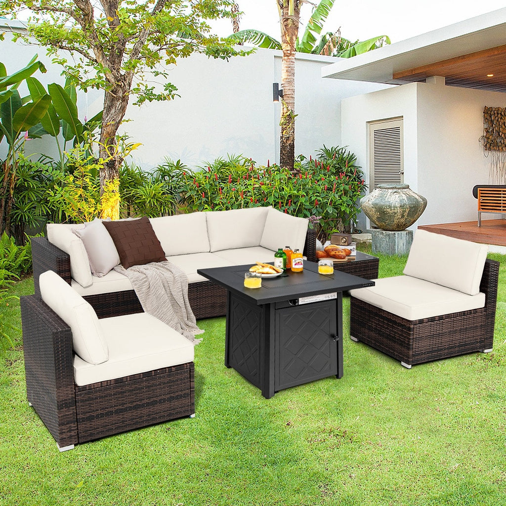 7 Pieces Patio Furniture Set with 28 Inches 50000 BTU Propane Gas Fire Pit Table-Red