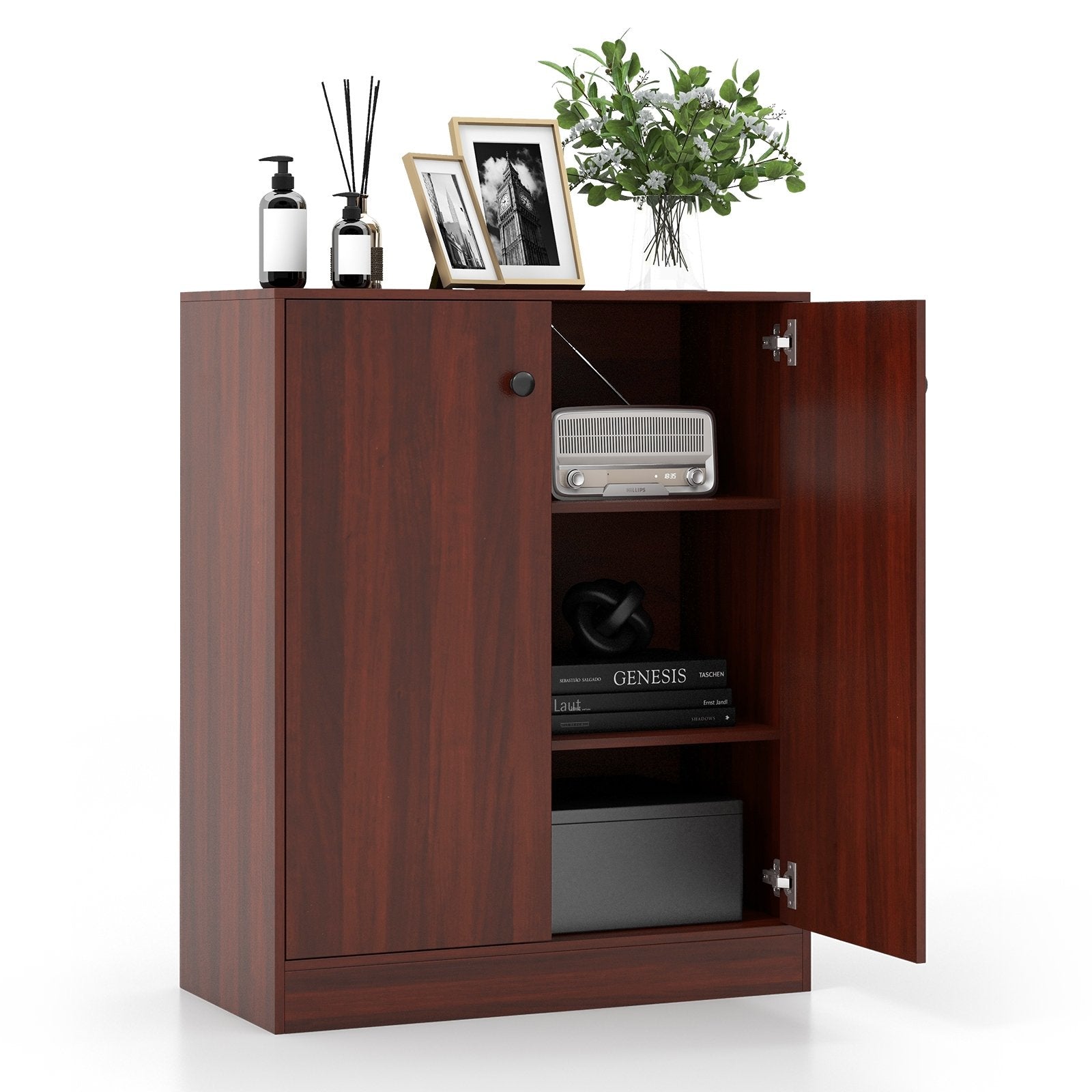 2-Door Modern Floor Storage Cabinet with 3-Tier Shelf-Black