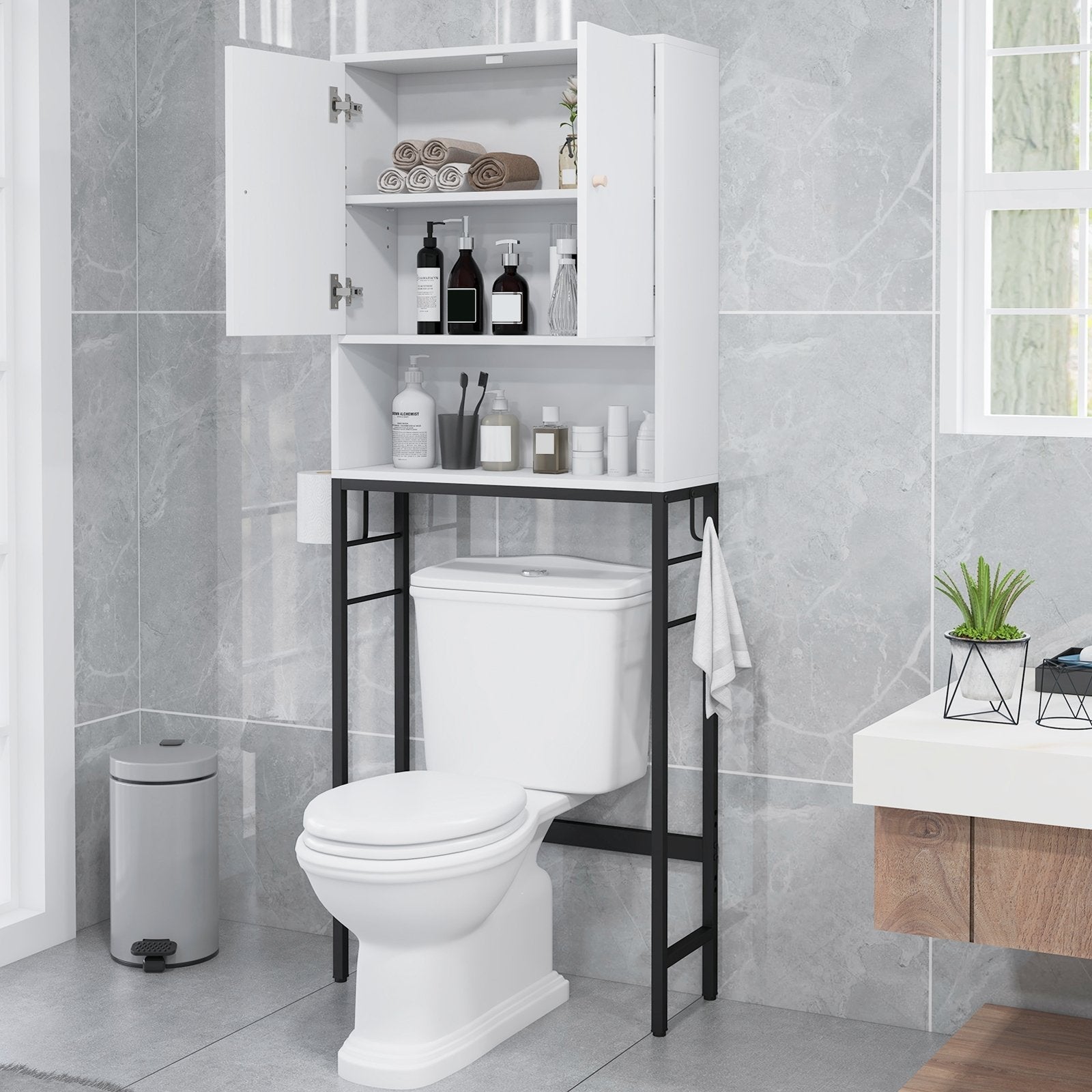 Over The Toilet Storage Cabinet with 2 Doors and Adjustable Shelf-Black