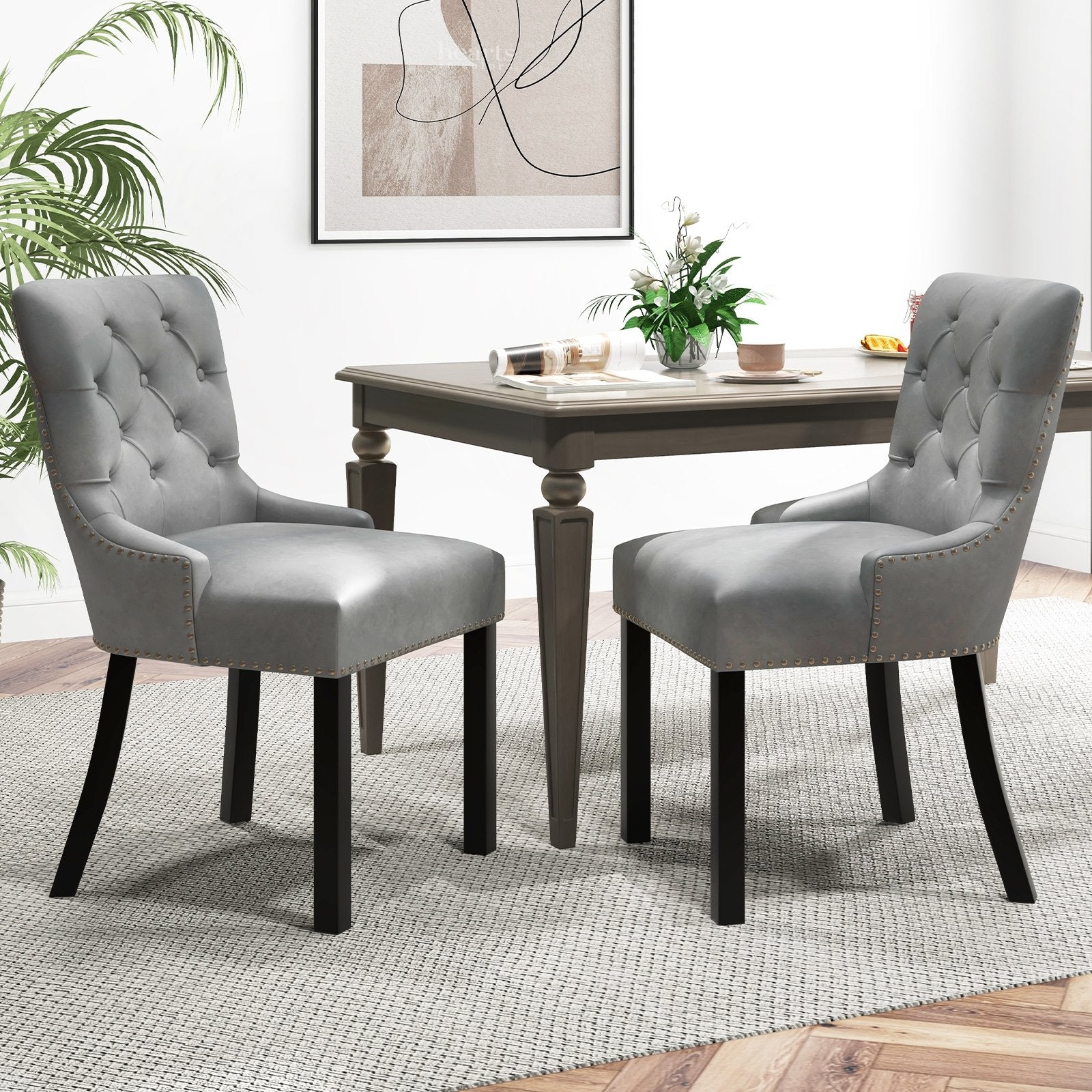 Upholstered Dining Chairs Set of 2 Tufted Wingback Chairs with Rubber Wood Legs-Beige
