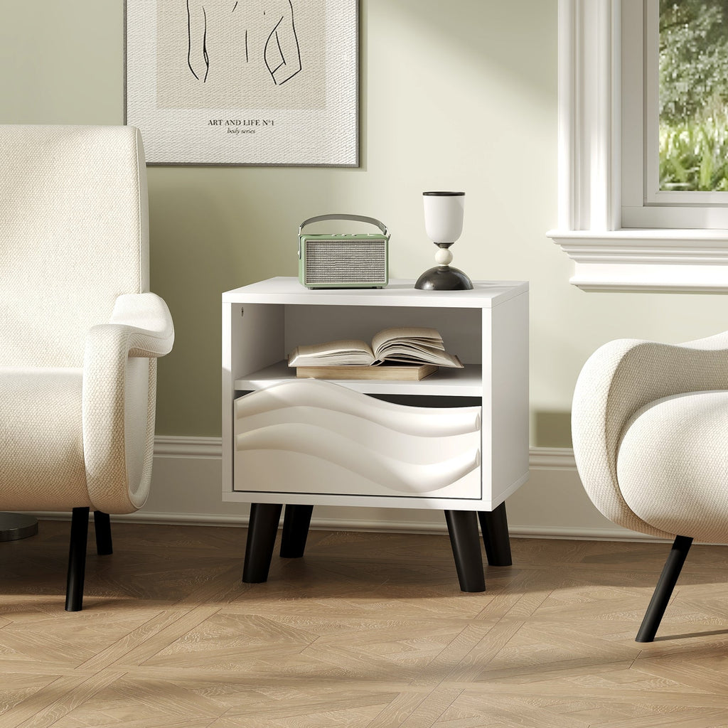 Nightstand Mid Century Modern Bedside Table with 3D Wavy Pattern and Open Shelf-White