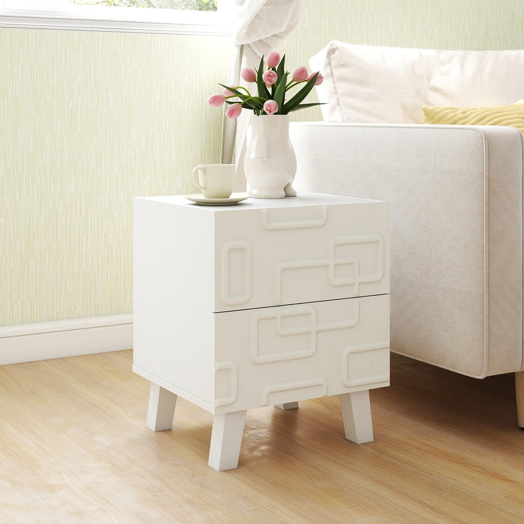 Modern Nightstand Side Table with Drawers and 3D Geometric Patterns-White