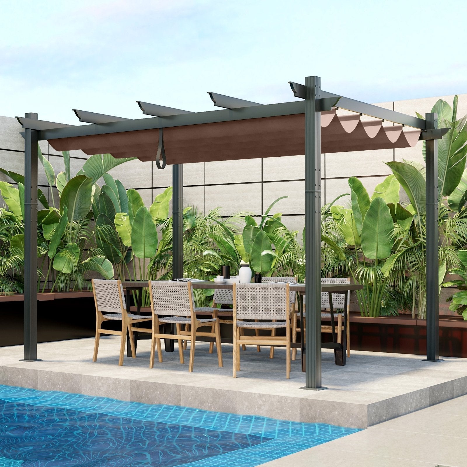 10 x 12 Feet Outdoor Aluminum Retractable Pergola Canopy Shelter Grape Trellis-Beige