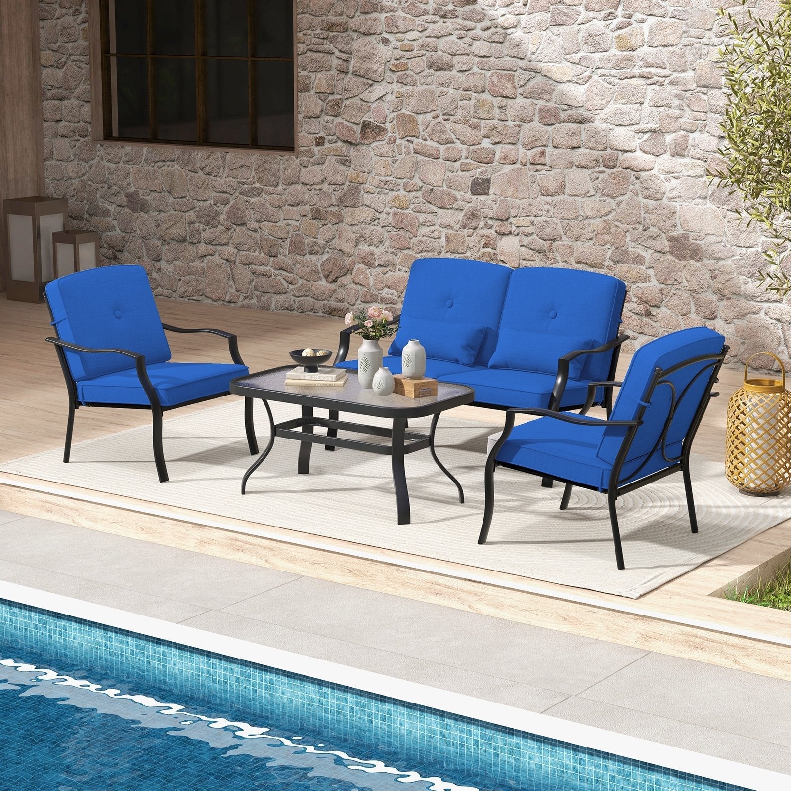 4 Pieces Outdoor Conversation Set with Seat Back Cushions and Waist Pillows-Gray