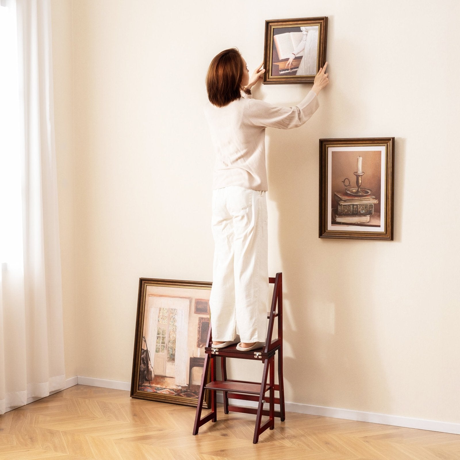 Multifunctional 3-in-1 Ladder Chair Display Plant Stand for Library Kitchen Office-Natural