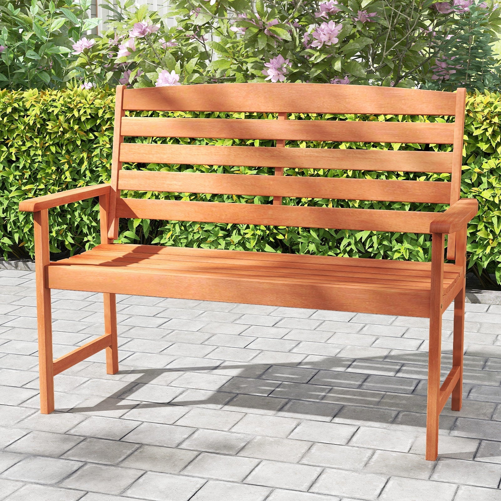 2-Person Wooden Garden Bench with Slatted Backrest and Comfortable Armrests