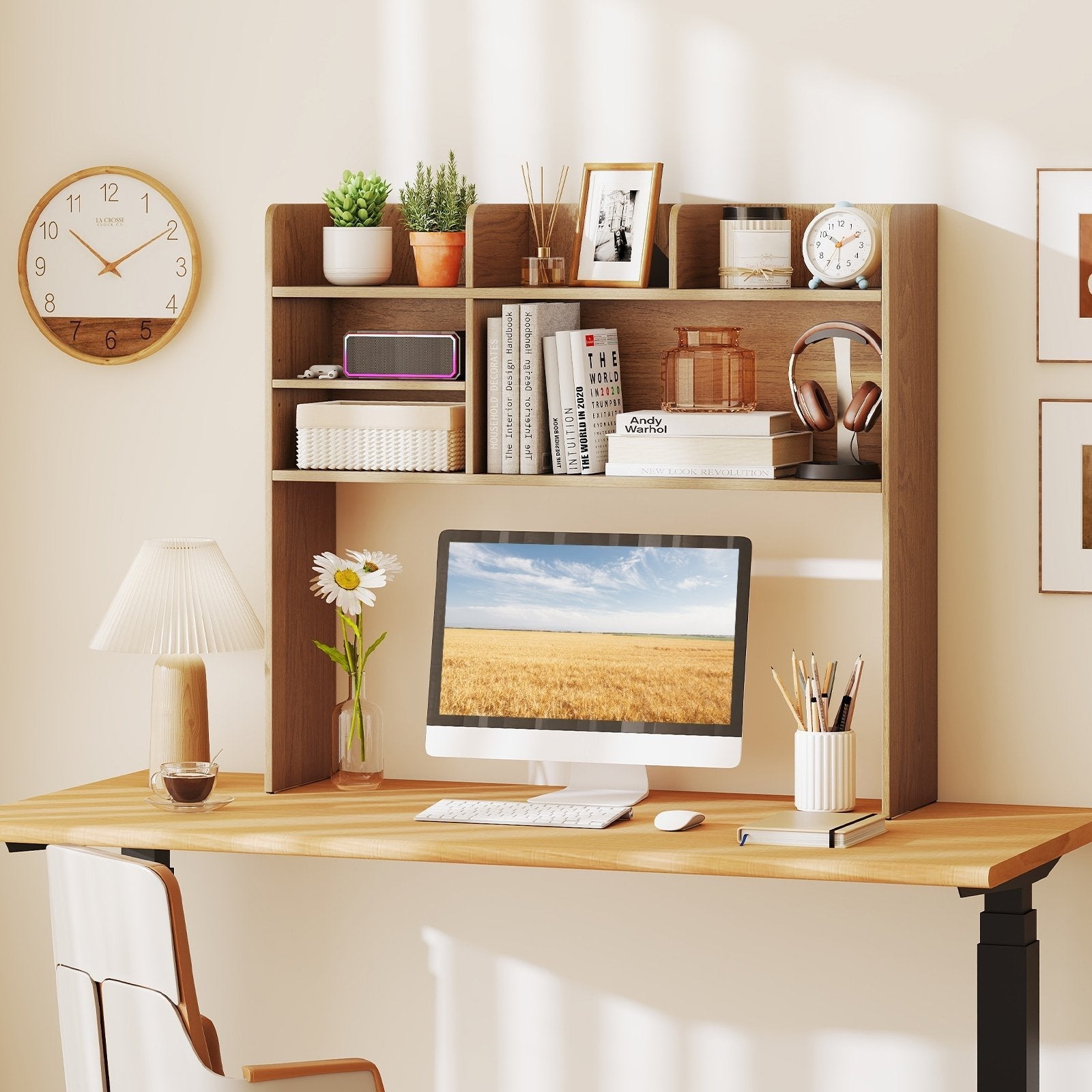 Desktop Bookshelf Countertop Storage Hutch with 6 Shelves-Natural