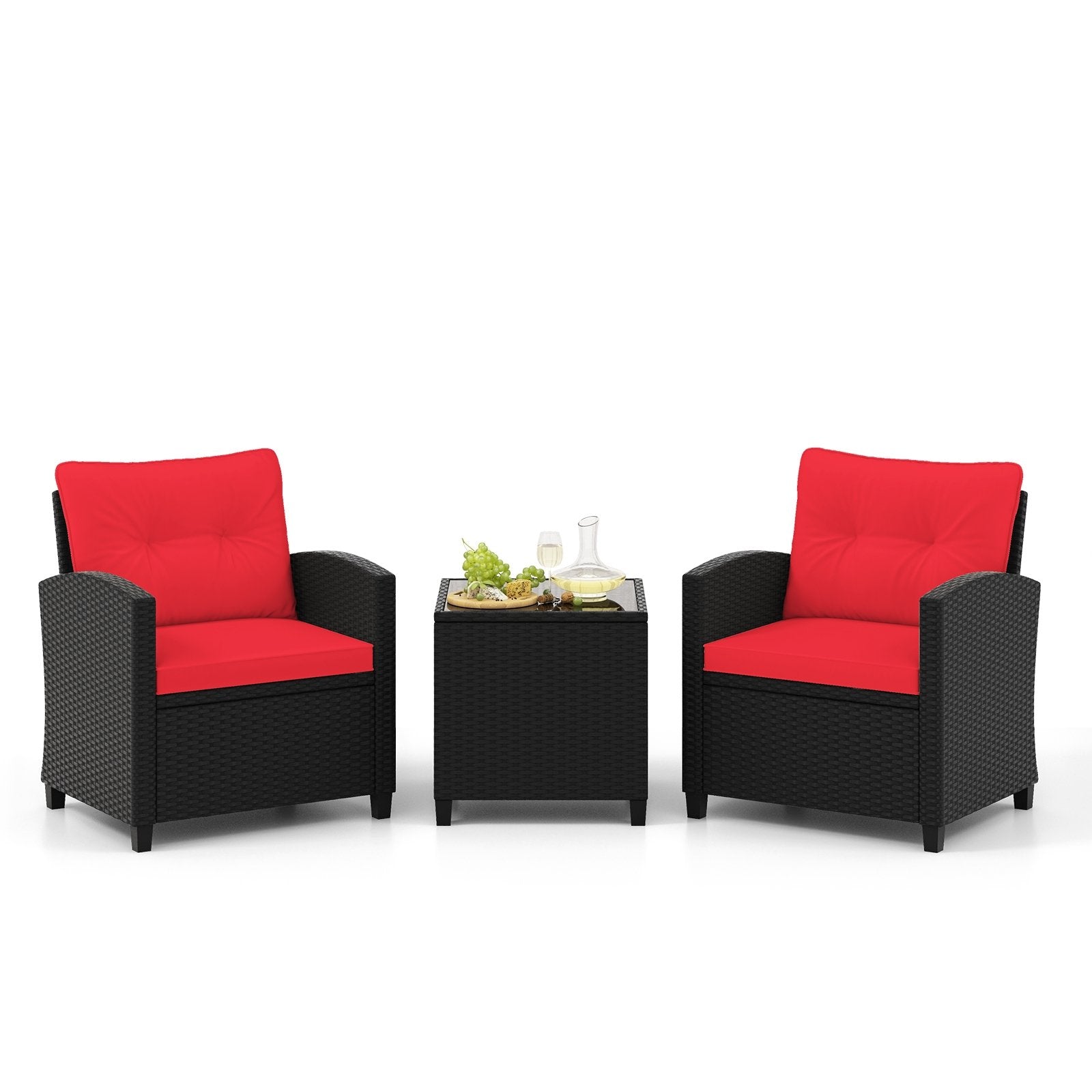 3 Pieces Patio Furniture Set with Tempered Glass Coffee Table-Black
