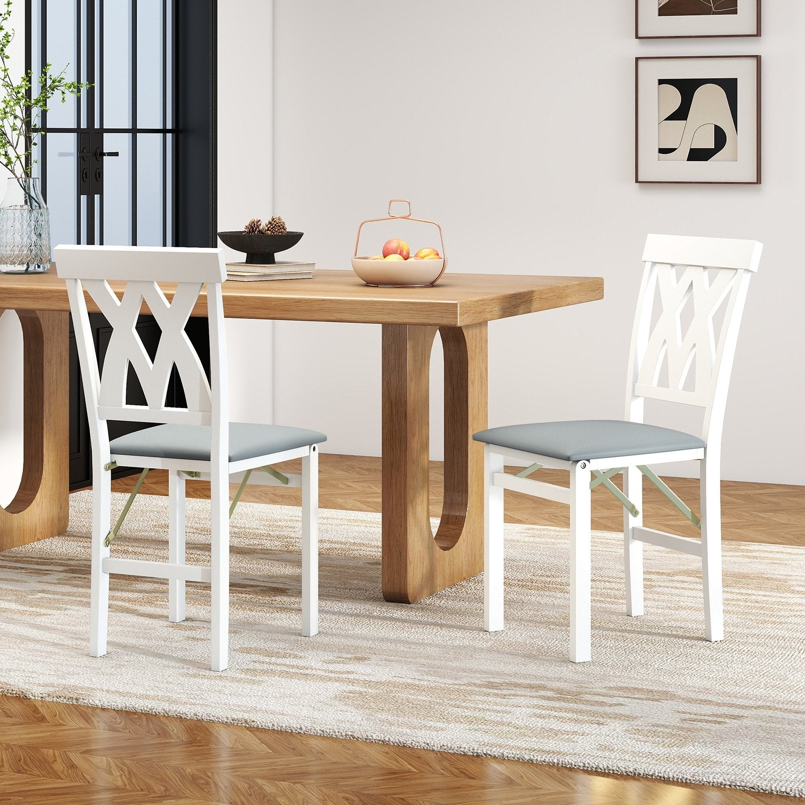 Folding Wooden Dining Chair Set of 2 Faux Leather Upholstered Kitchen Armless Chairs-Walnut