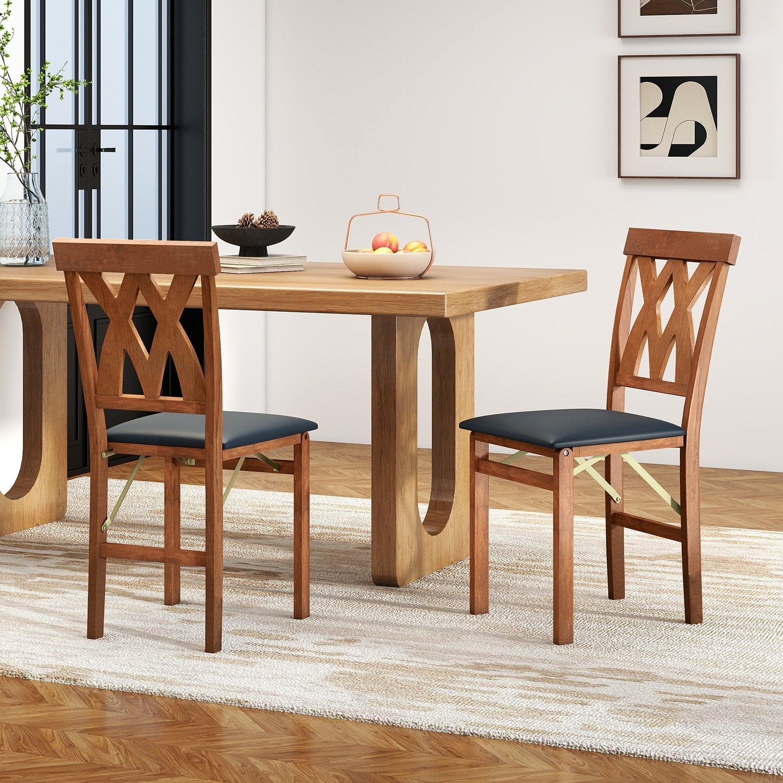 Folding Wooden Dining Chair Set of 2 Faux Leather Upholstered Kitchen Armless Chairs-Walnut