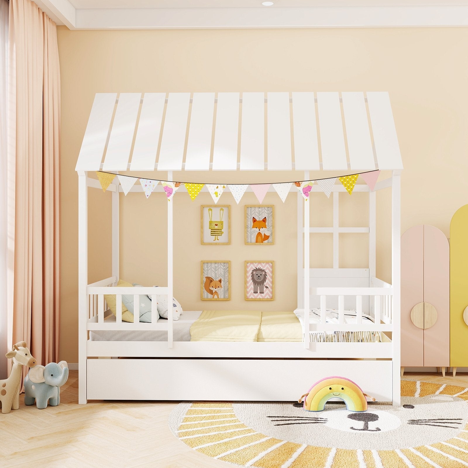 Twin Size House Bed with Trundle Kids Platform Bed with Roof Window-White