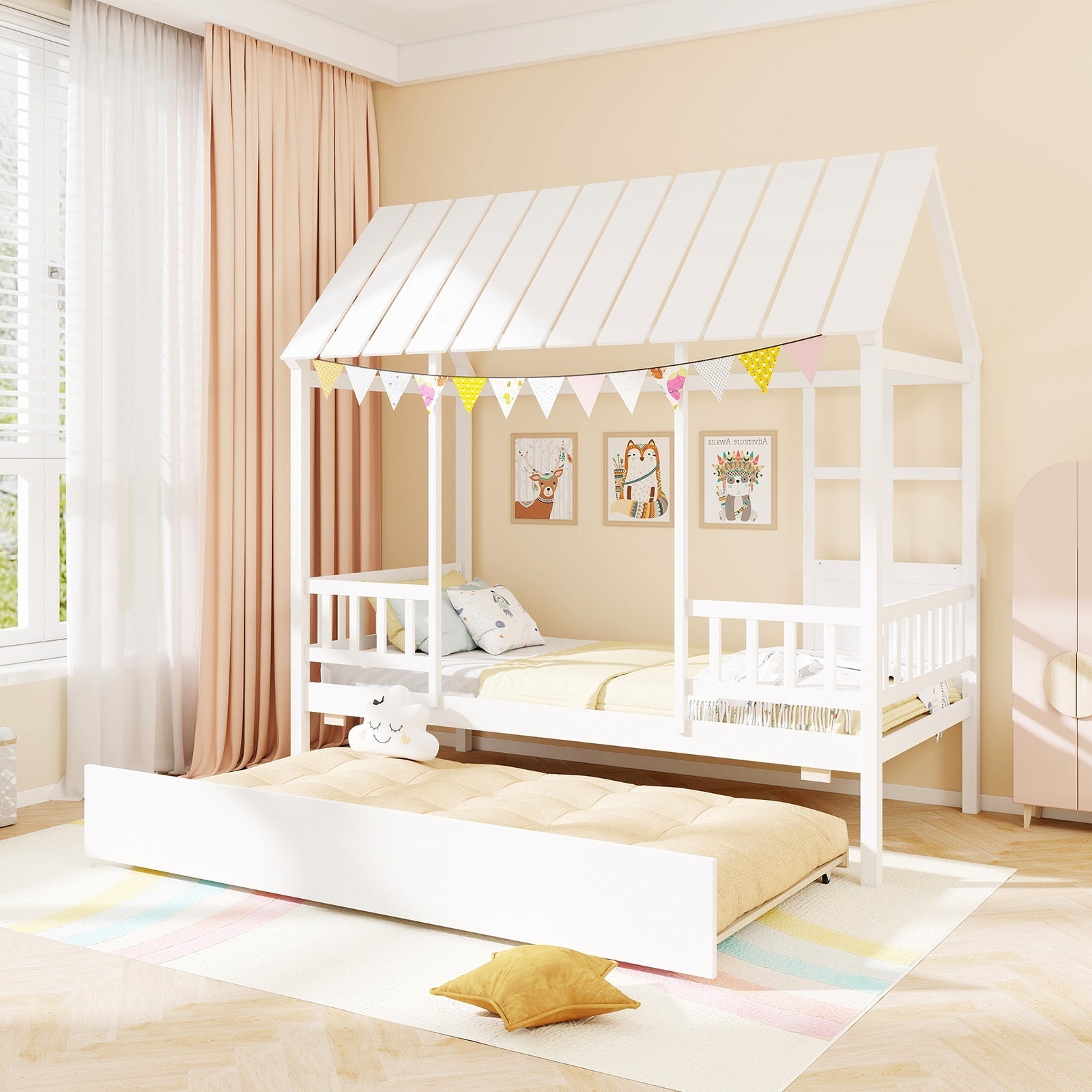 Twin Size House Bed with Trundle Kids Platform Bed with Roof Window-White