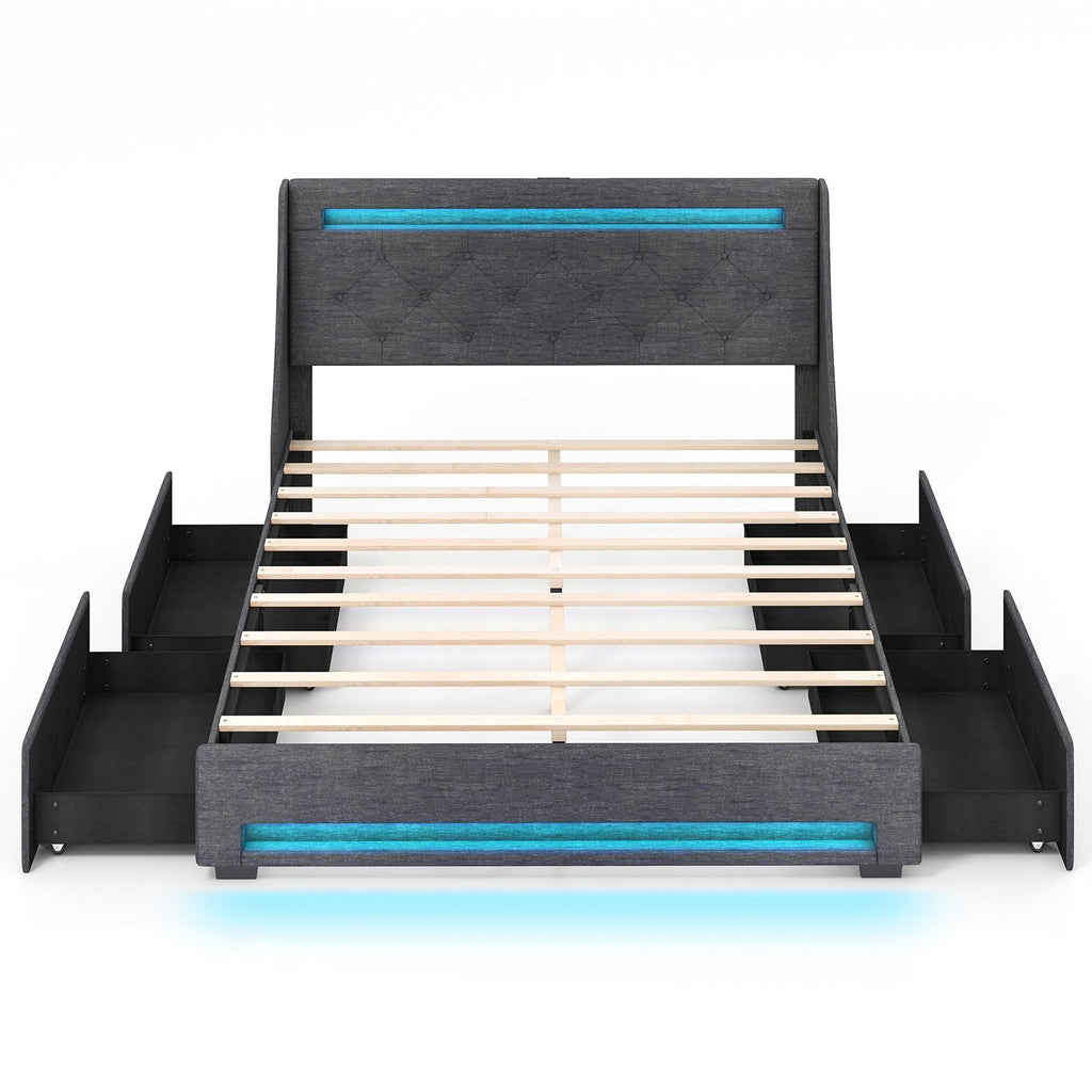 Full Size Bed Frame with LED Lights Wingback Headboard and Charging Station-Grey