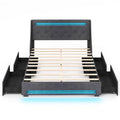 Full Size Bed Frame with LED Lights Wingback Headboard and Charging Station-Grey
