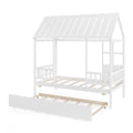 Twin Size House Bed with Trundle Kids Platform Bed with Roof Window-White