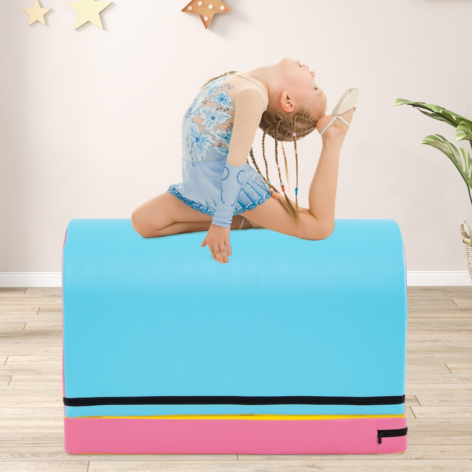 Gymnastics Vaulting Box with Detachable Mat Carrying Handle for Kids-Blue