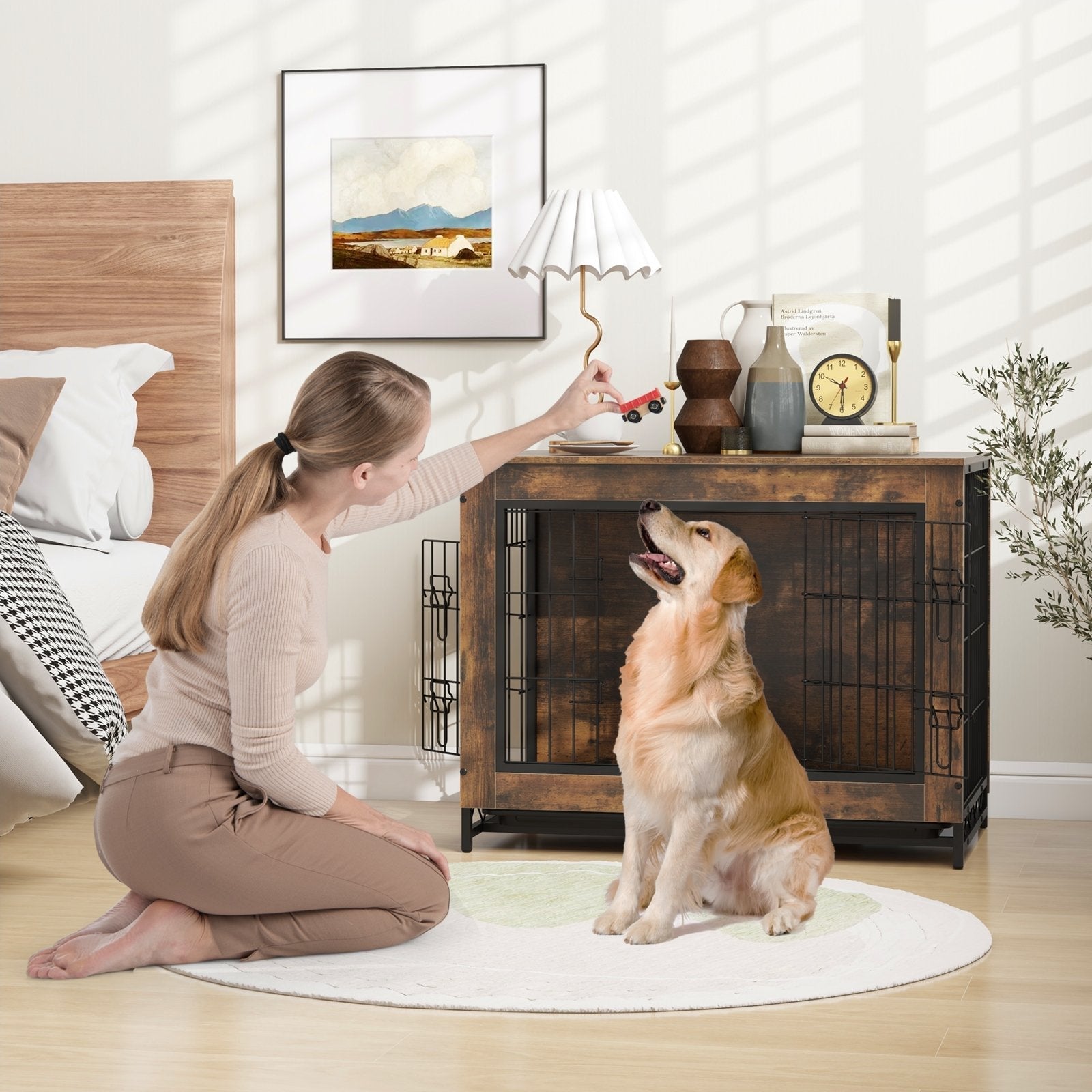 Dog Crate Furniture with Double Lockable Doors and Removable Pull-out Tray-S