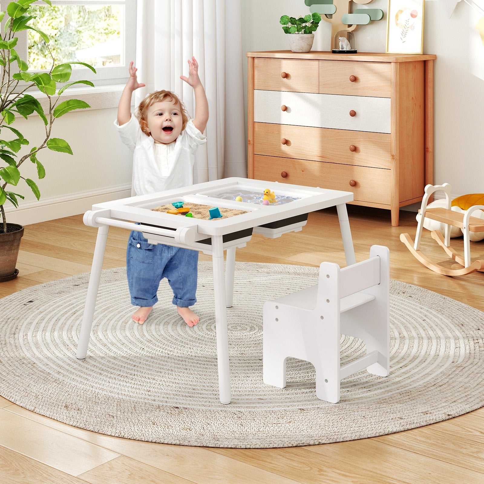 Sensory Table and Chair Set for Kids 2-8 with Foldable Bins-Natural