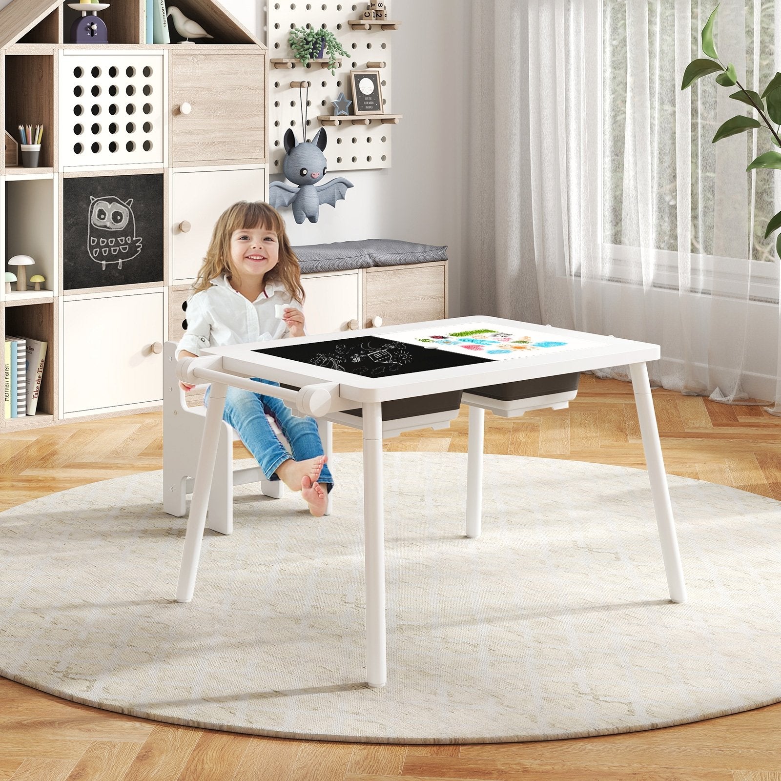 Sensory Table and Chair Set for Kids 2-8 with Foldable Bins-Natural