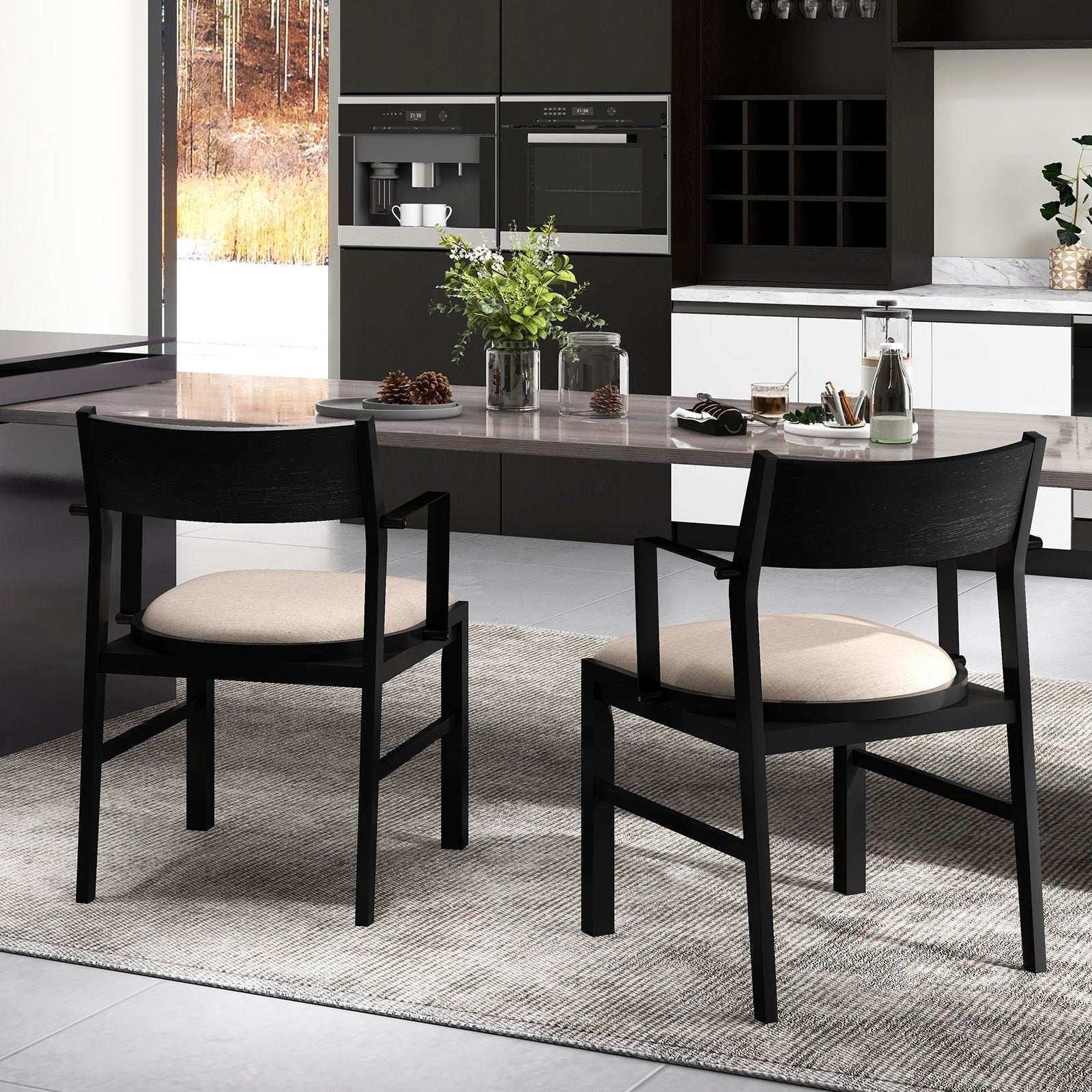 Dining Chair with Contoured Backrest and Padded Seat Set of 2-Beige
