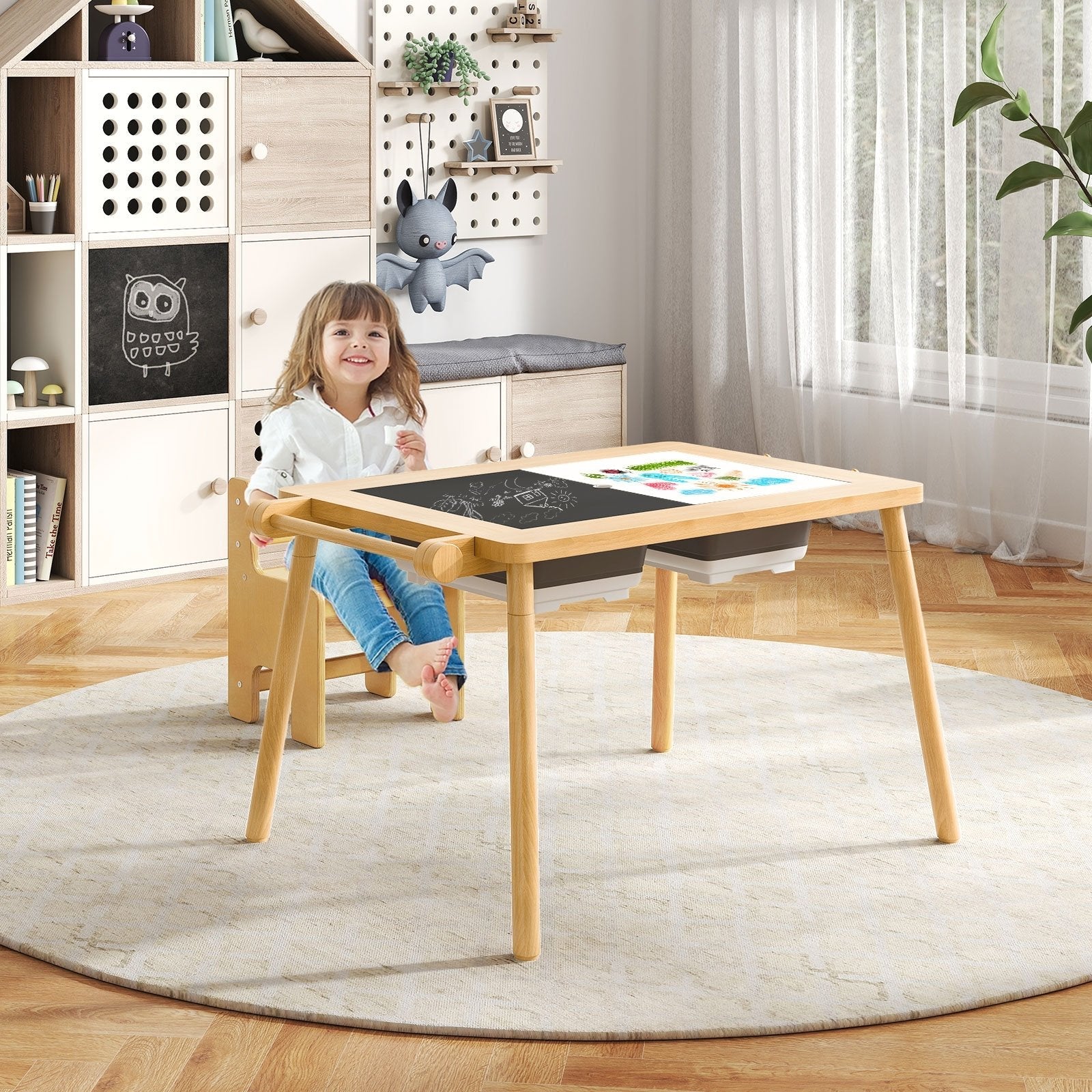 Sensory Table and Chair Set for Kids 2-8 with Foldable Bins-Natural
