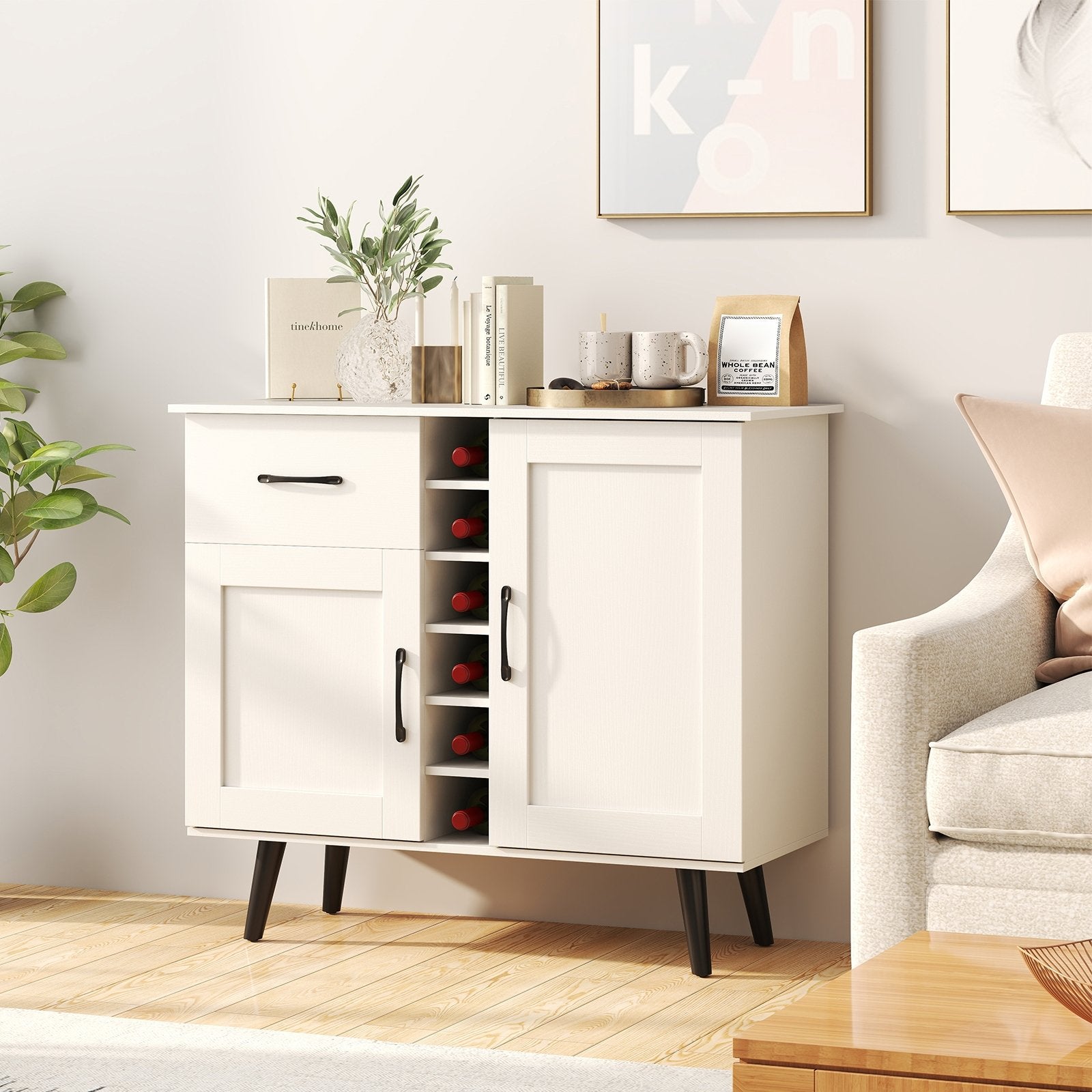 Modern Wine Bar Buffet Cabinet with 6-Bottle Wine Rack-White