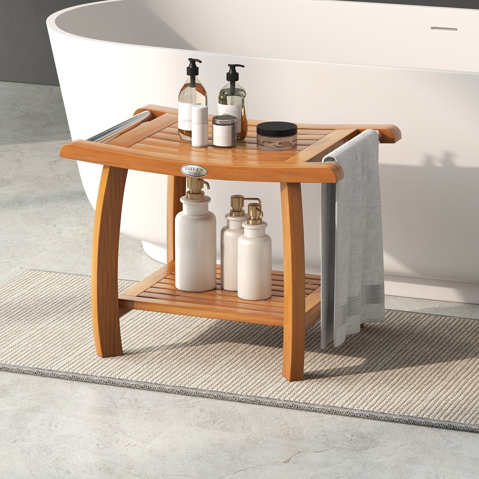 2-Tier Teak Wood Shower Bench Shower Stool with Curved Seat