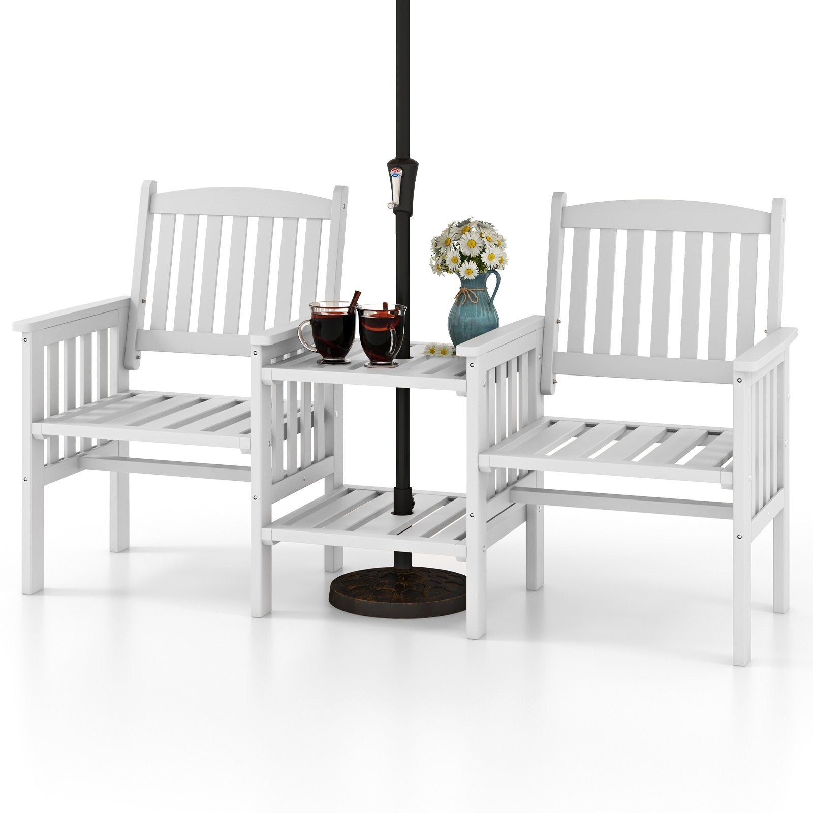 Outdoor Fir Wood Loveseat with 2-Tier Side Table and 1.96" Umbrella Hole-Coffee