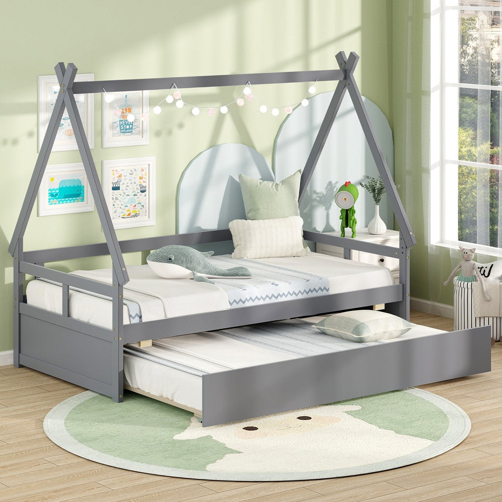 Twin Size House Bed with Trundle and Safety Guardrail-Gray