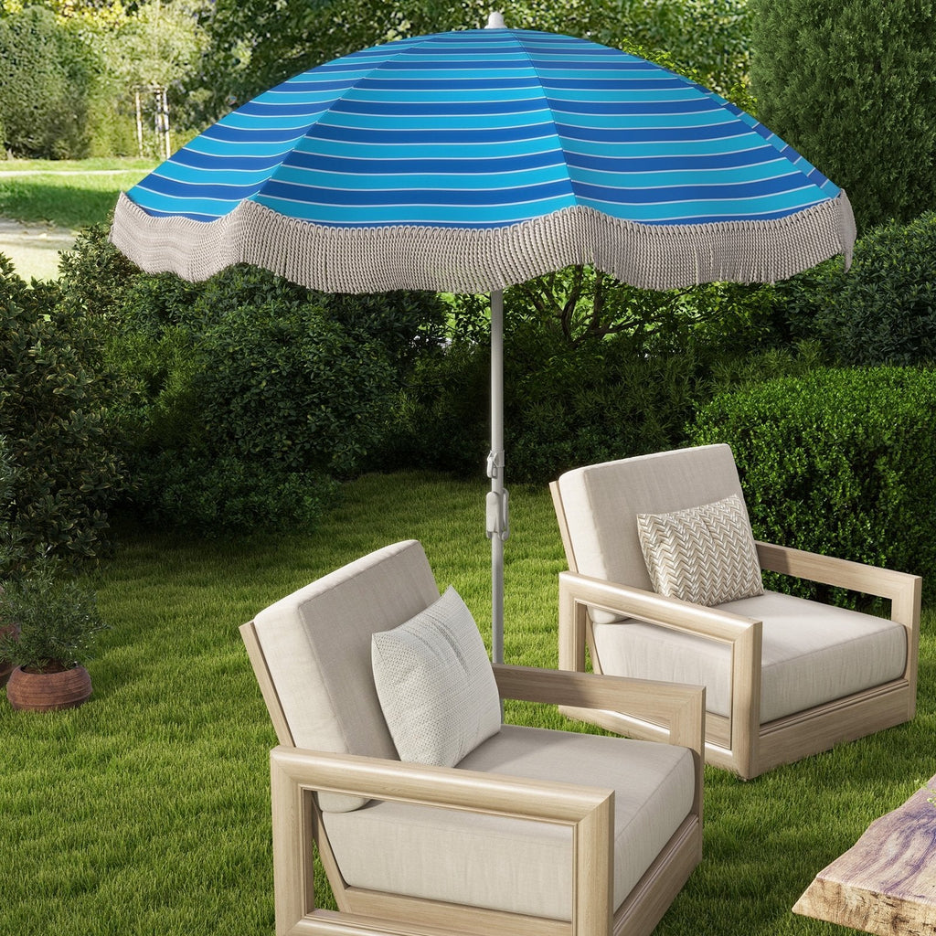 6.5 FT Beach Umbrella with Fringe Outdoor Tassel Umbrella with Push Button Tilt-Green