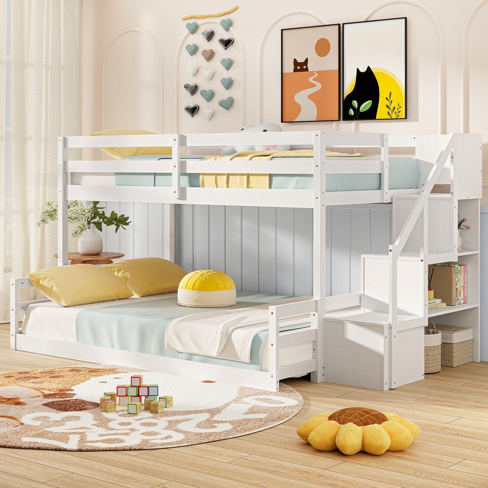 Solid Wood Twin Over Full Low Bunk Bed with Storage Stairs-Grey