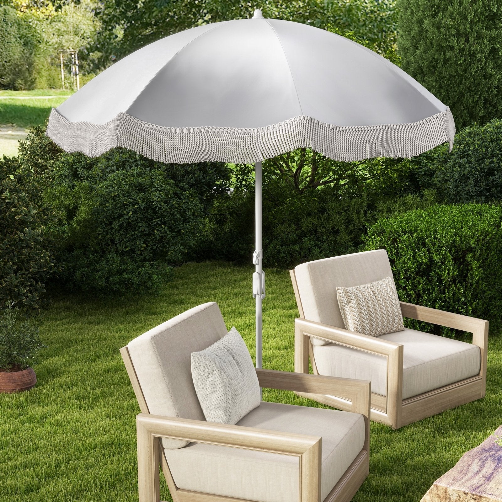 6.5 FT Beach Umbrella with Fringe Outdoor Tassel Umbrella with Push Button Tilt-Green