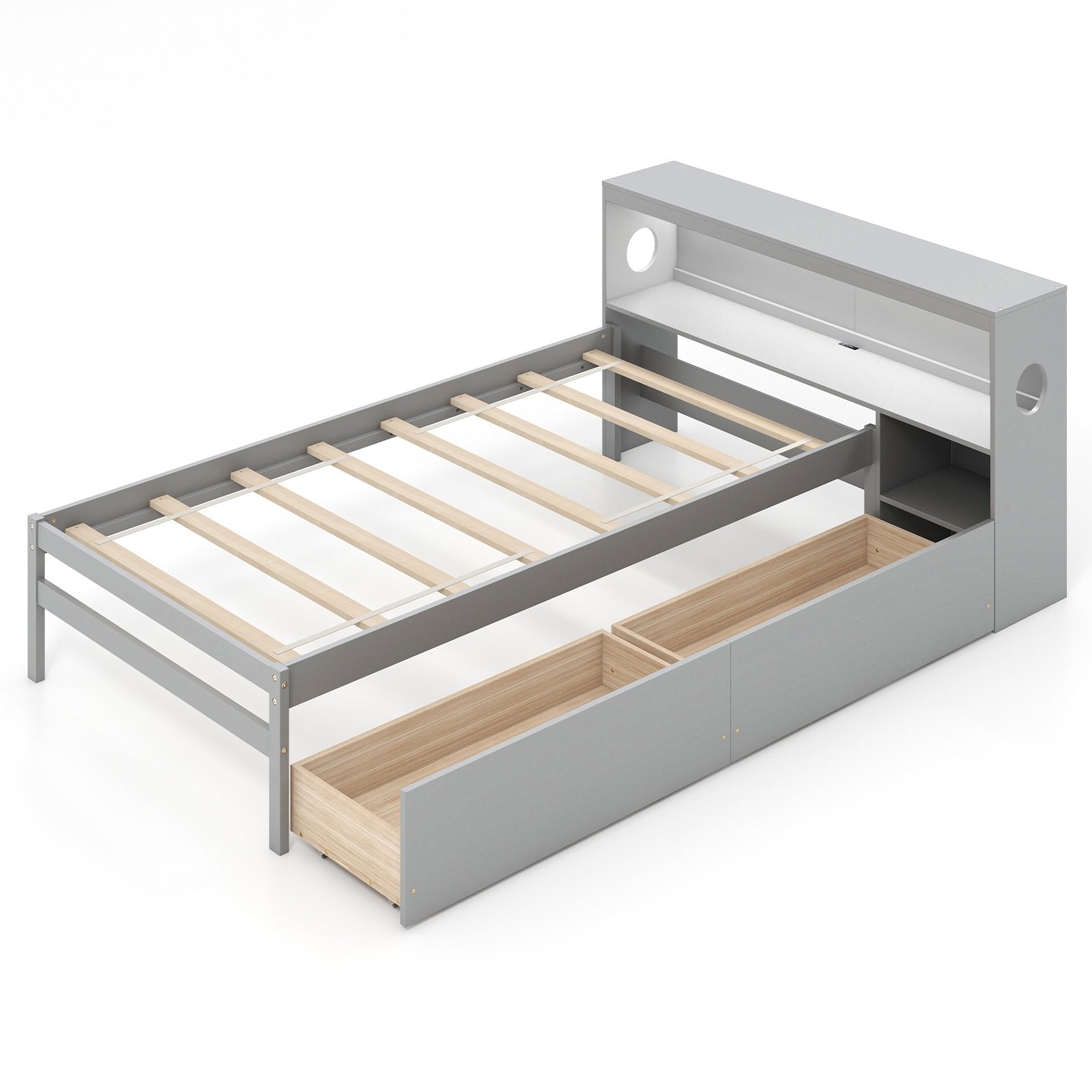 Twin Size Bed Frame with LED Light and Bookcase Headboard-Gray