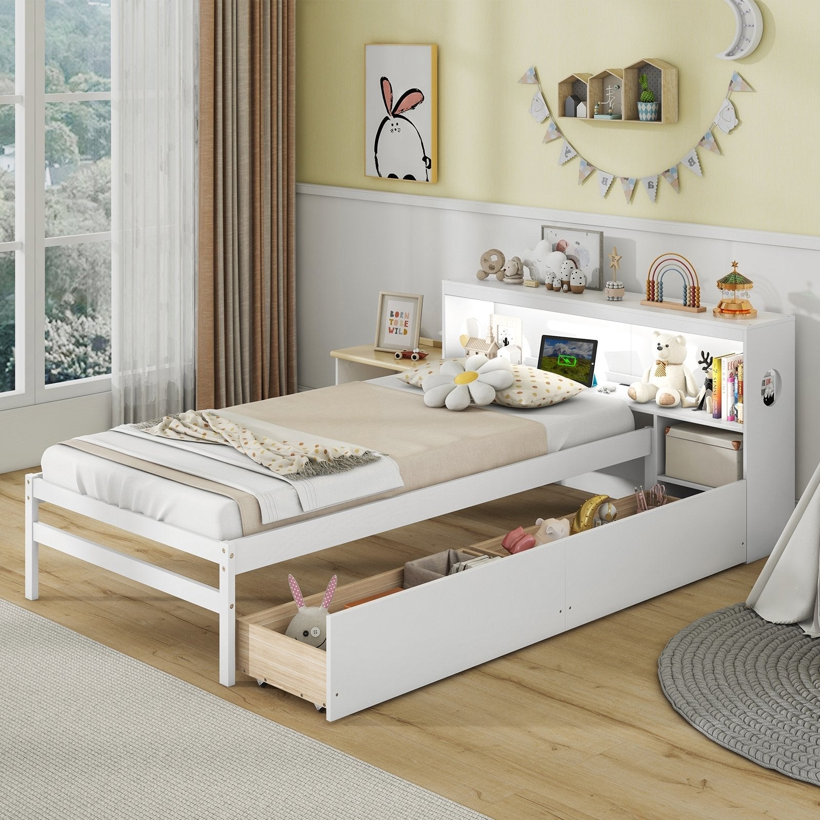 Twin Size Bed Frame with LED Light and Bookcase Headboard-Gray