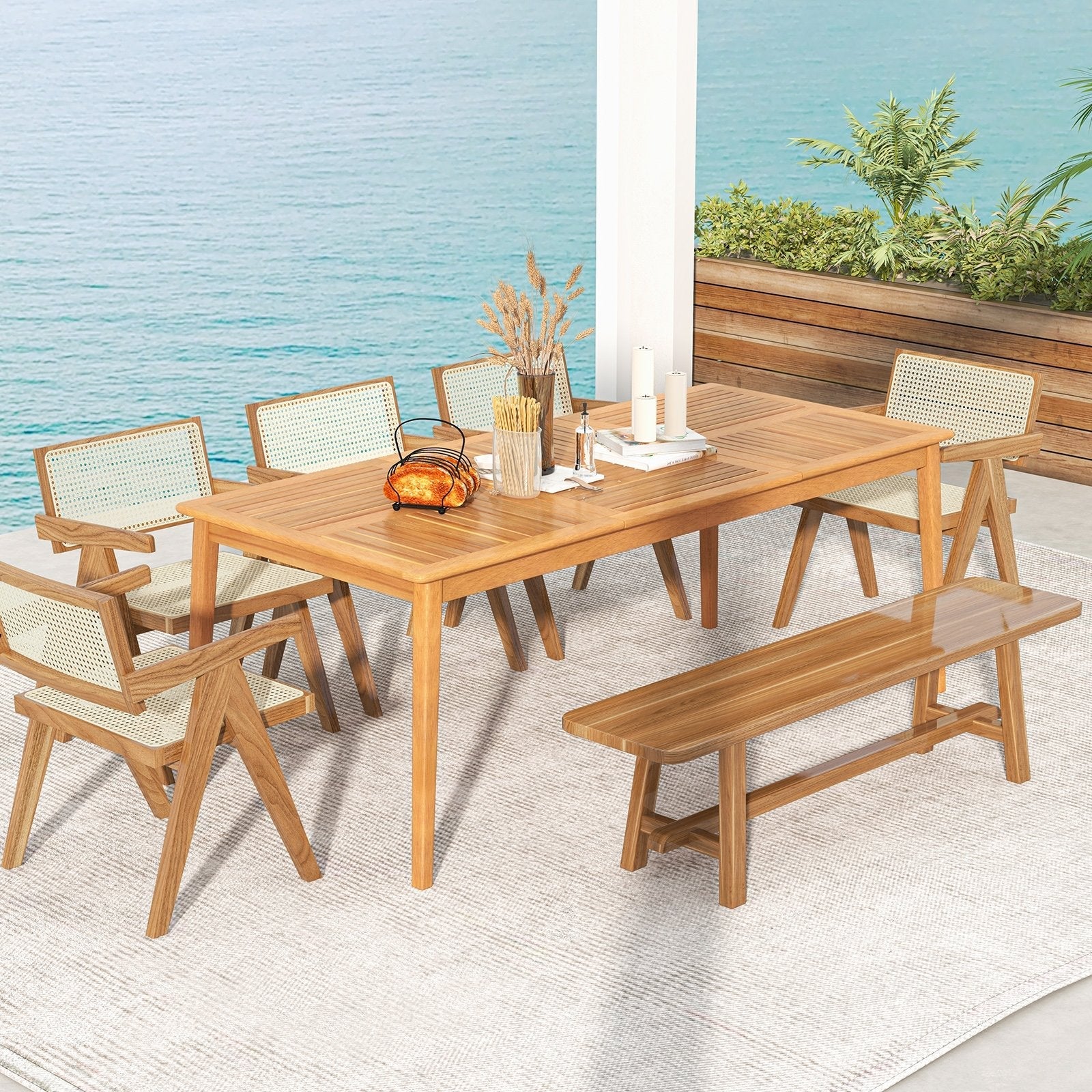 8-Person Outdoor Acacia Wood Dining Rectangular Bistro Table with Umbrella Hole