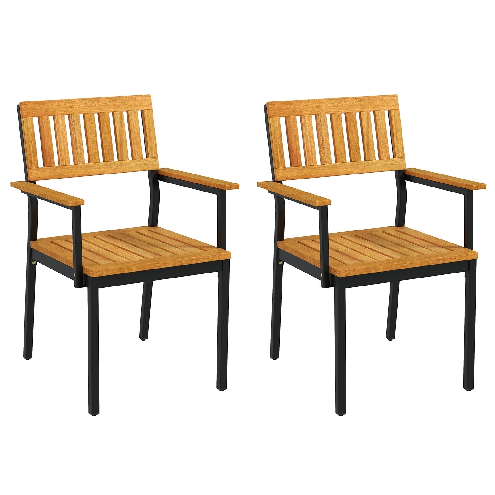 Patio Outdoor Dining Chair Set of 2 with Metal and Acacia Wood Frame