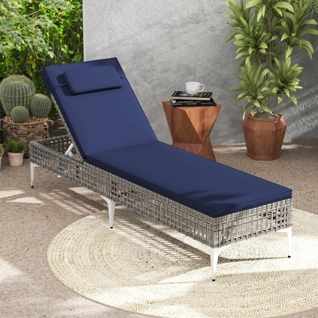 2 Pieces Patio Chaise Lounge Chair with 6-Level Adjustable Backrest and Headrest for Poolside-Navy