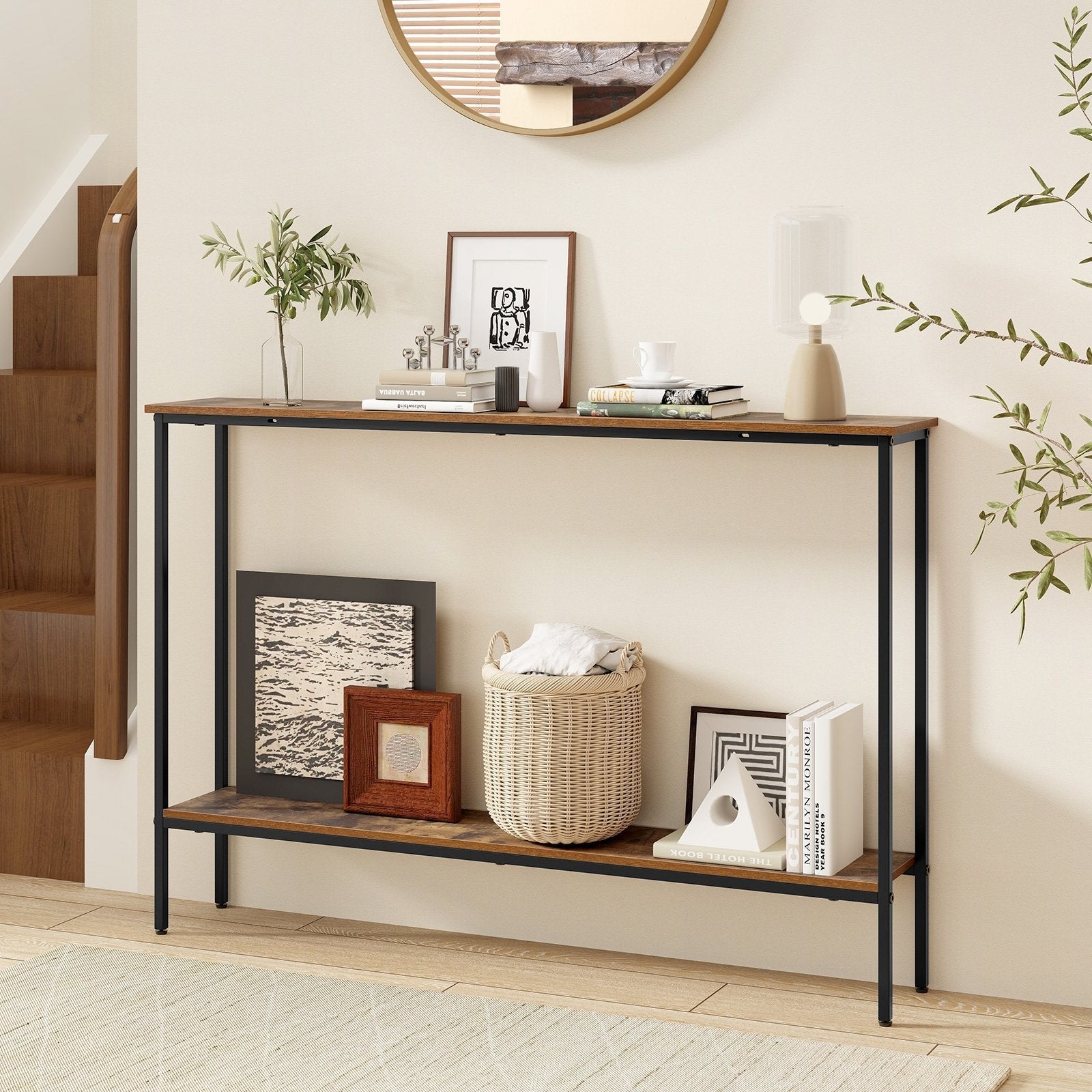 44 Inch Console Table with Shelf with Dual Anti-Tipping Kits-Rustic Brown