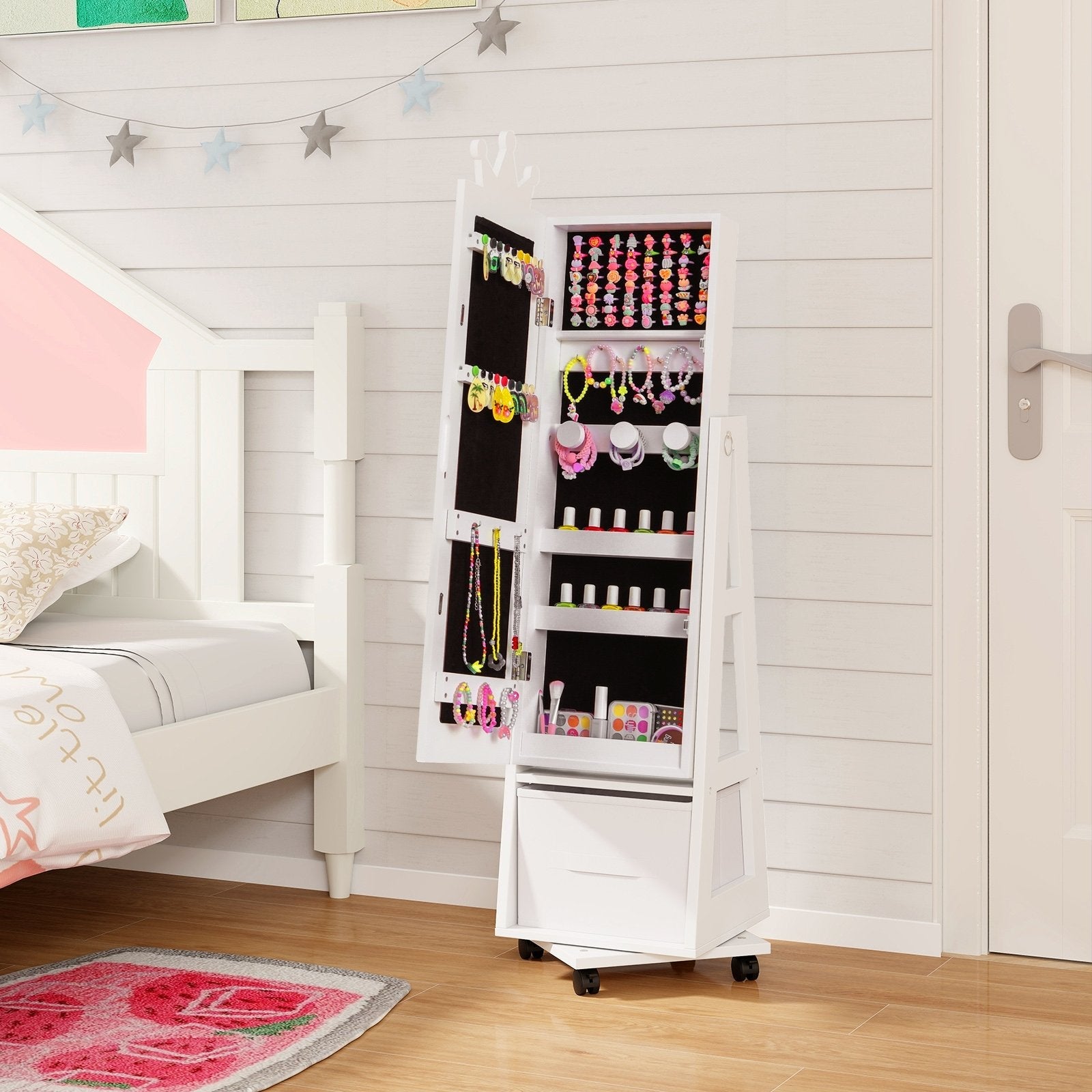 Kids Jewelry Armoire Cabinet with Swivel Base and Lockable Universal Wheels-White