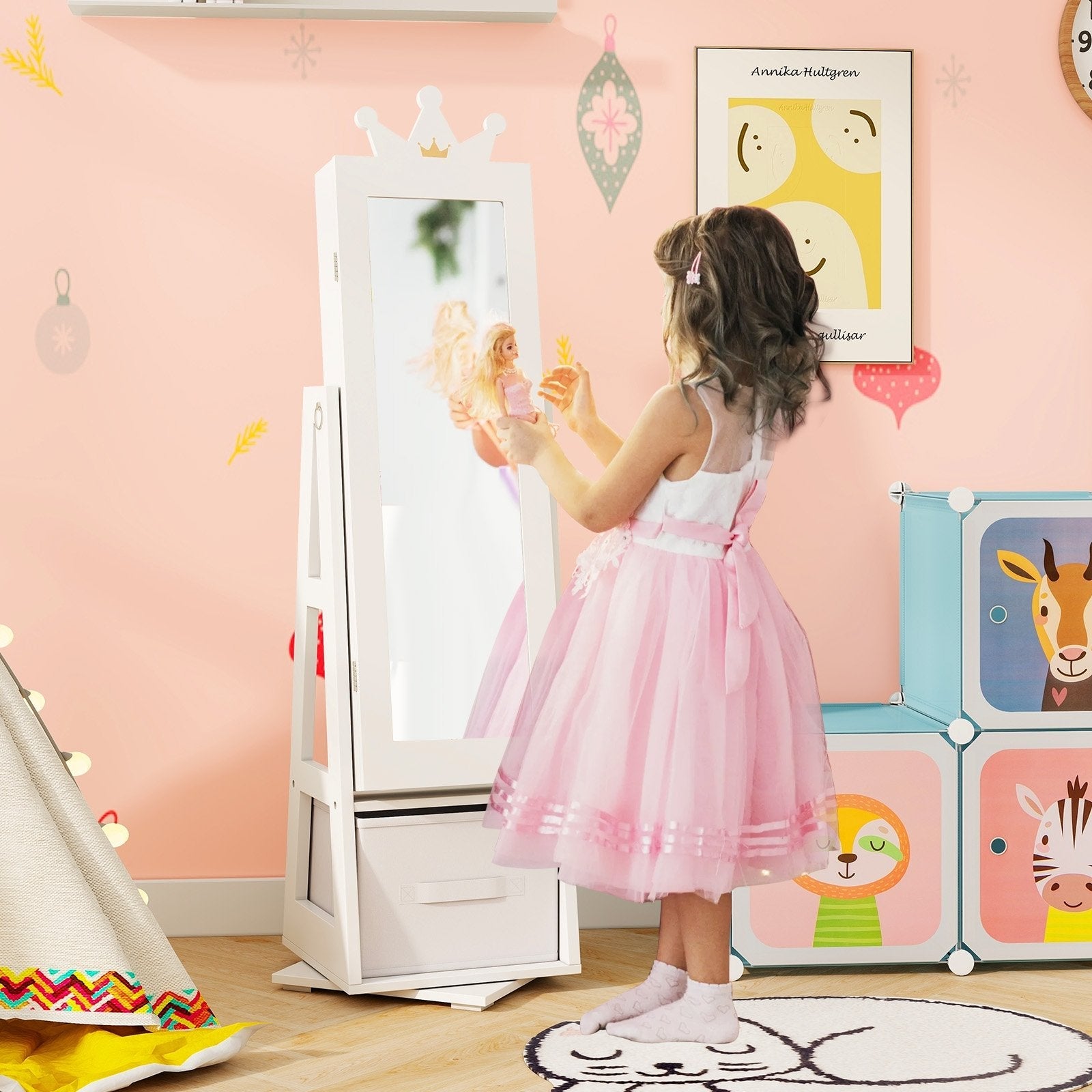Kids Jewelry Armoire Cabinet with Large Storage Capacity and Swivel Base-Pink