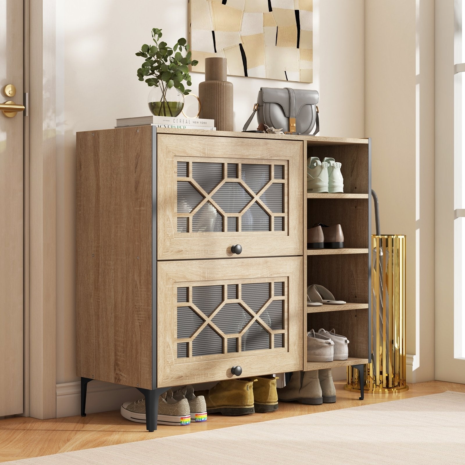Rustic Shoe Cabinet with Flip-up See-through Doors and Adjustable Shelves-Oak