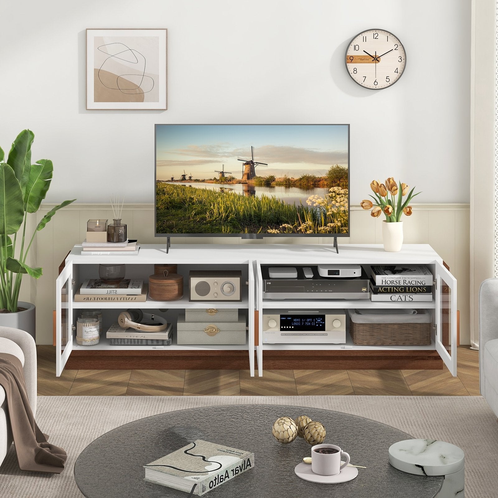 Large TV Stand for TVs up to 75 Inch with 4 Tempered Glass Doors for Living Room-Gray