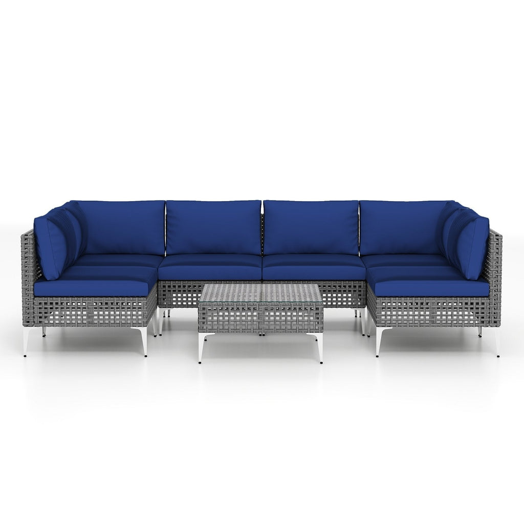7 Piece Outdoor Furniture Set Wicker  Chairs with Tempered Glass Coffee Table-Navy
