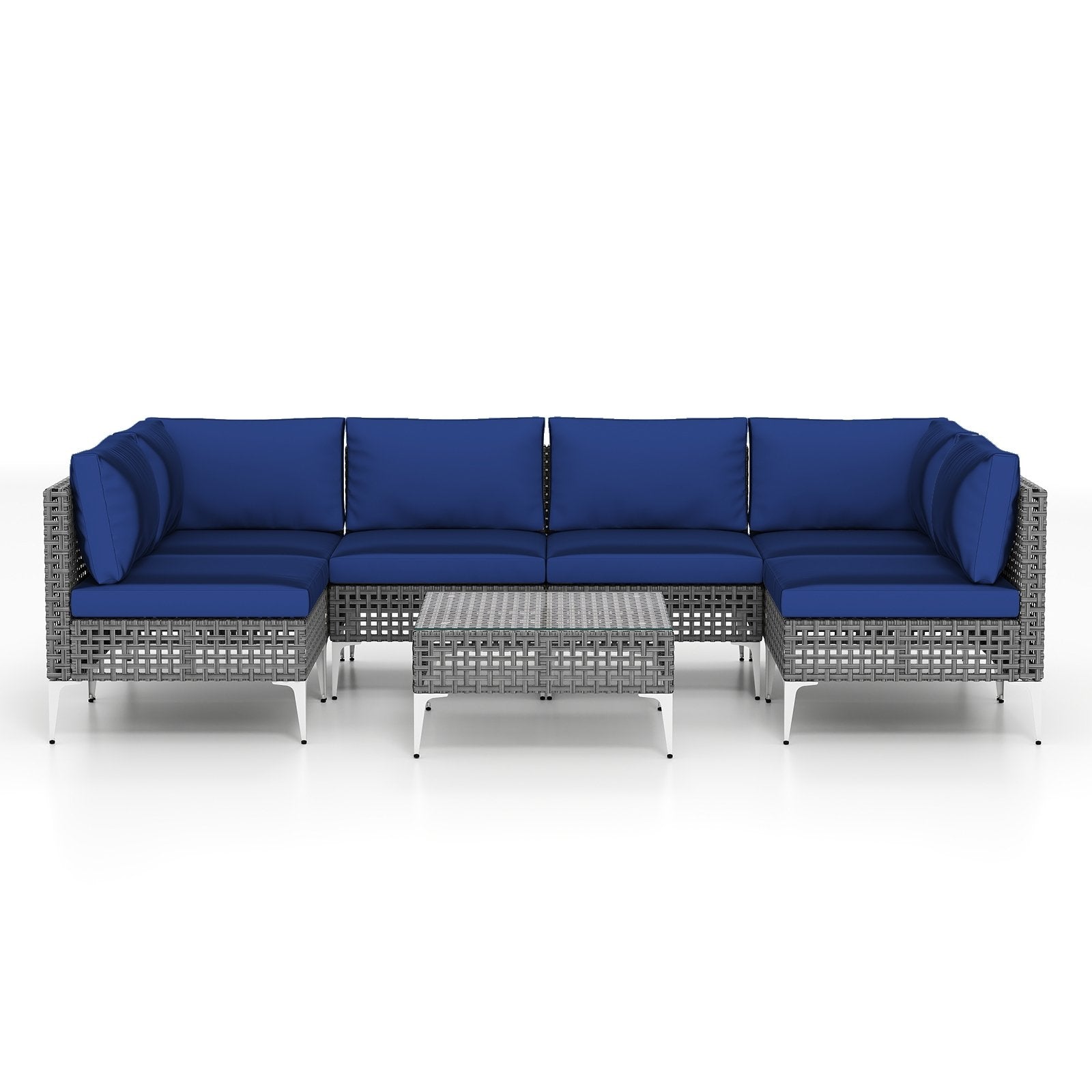 7 Piece Outdoor Furniture Set Wicker  Chairs with Tempered Glass Coffee Table-Navy