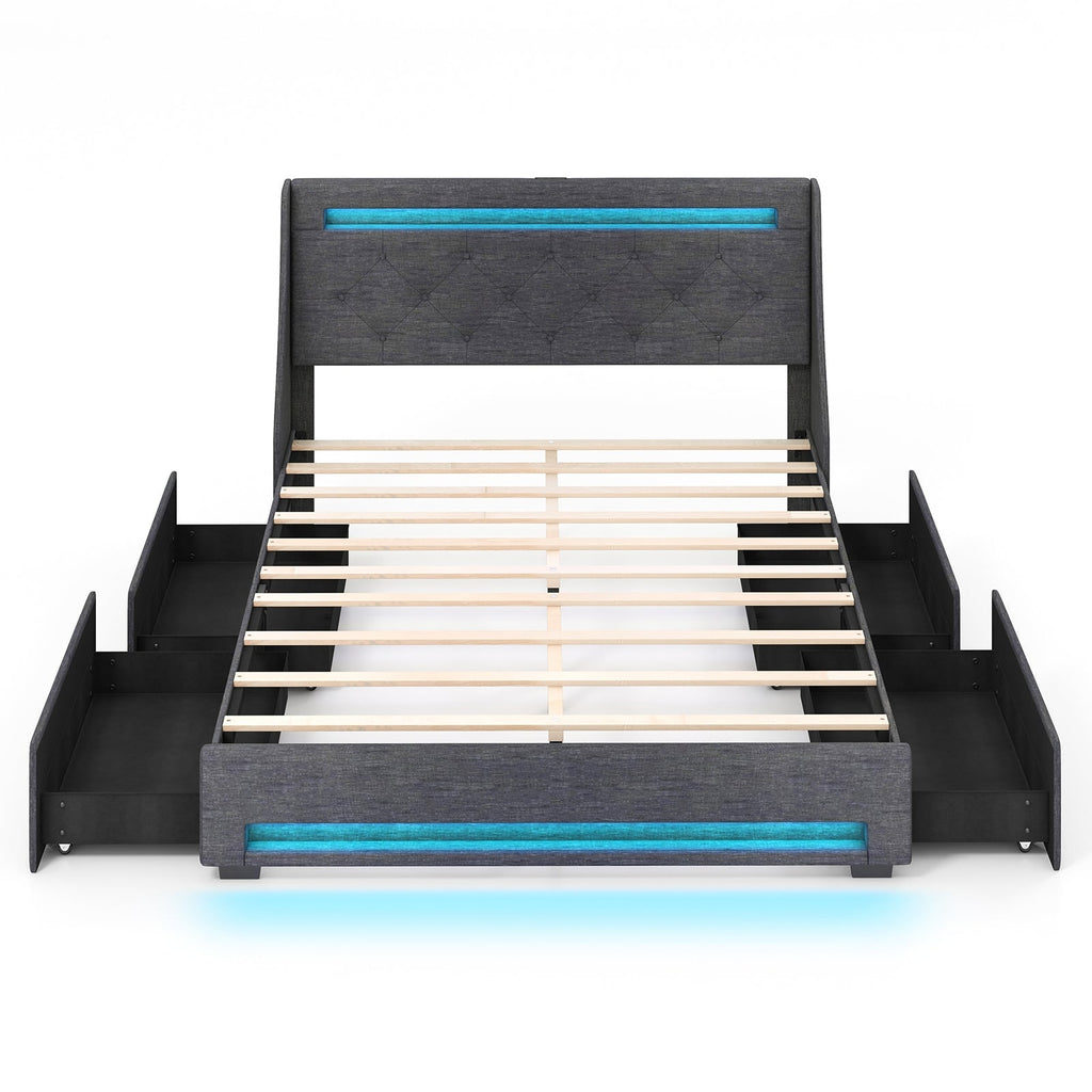 Full Size Bed Frame with LED Lights Wingback Headboard and Charging Station-Grey