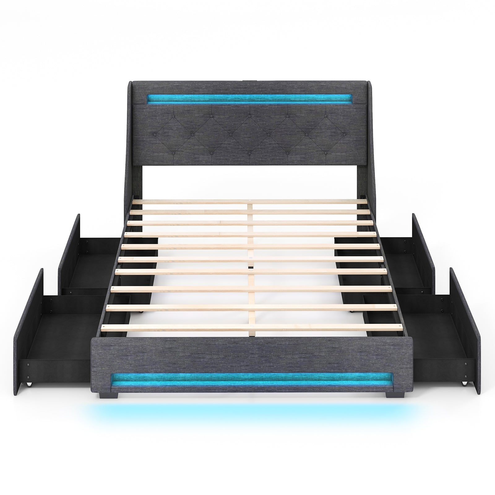 Full Size Bed Frame with LED Lights Wingback Headboard and Charging Station-Grey