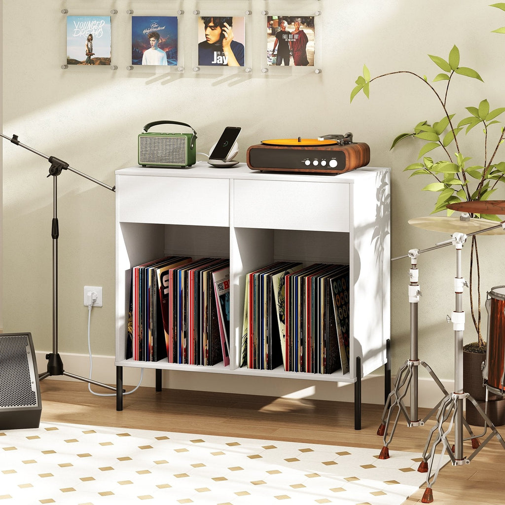 Record Player Stand with Power Outlets Double Wide Turntable Stand Vinyl Record Storage Table-Black