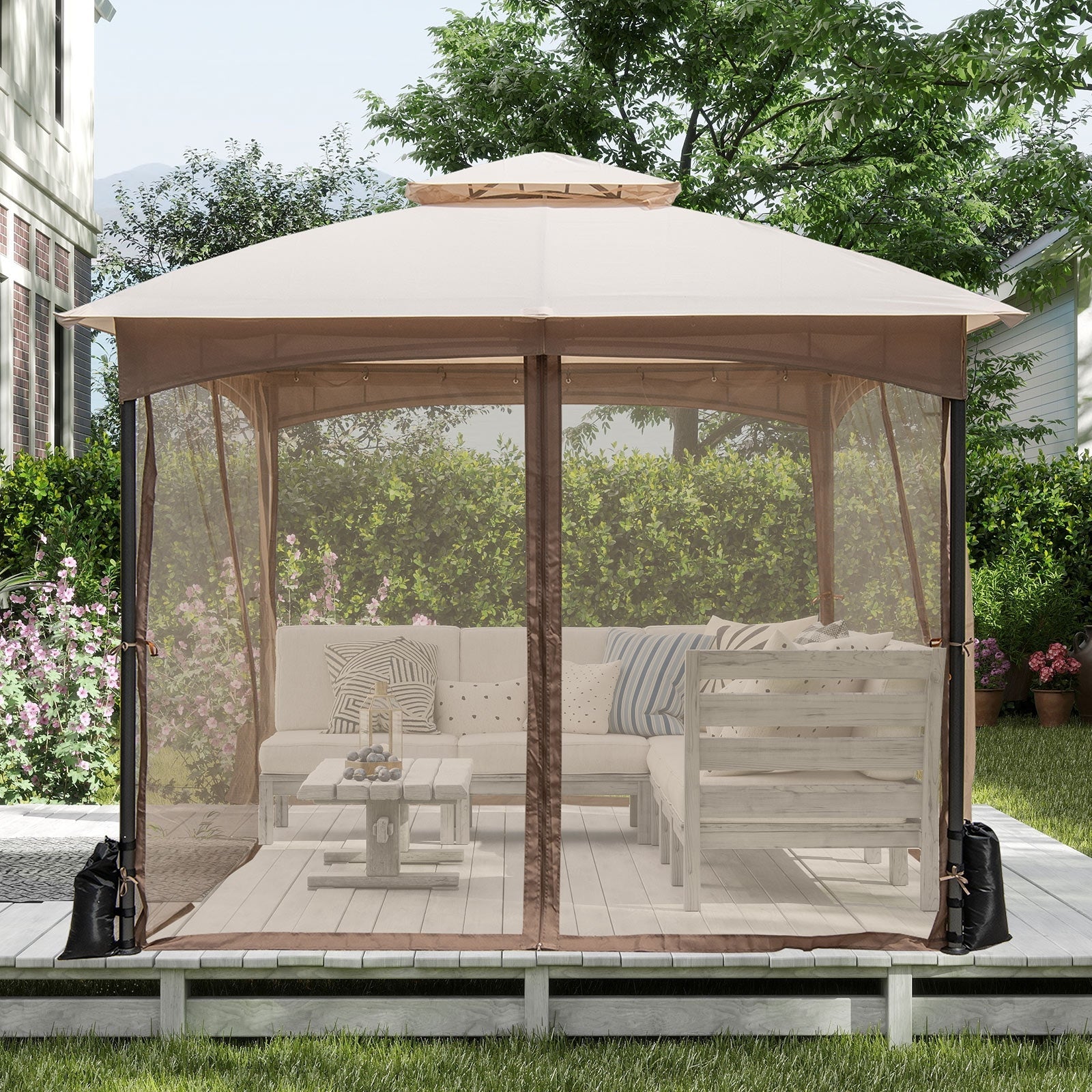 10 X 10 FT Heavy-Duty Patio Gazebo with Netting Walls and 4 Sandbags-Gray