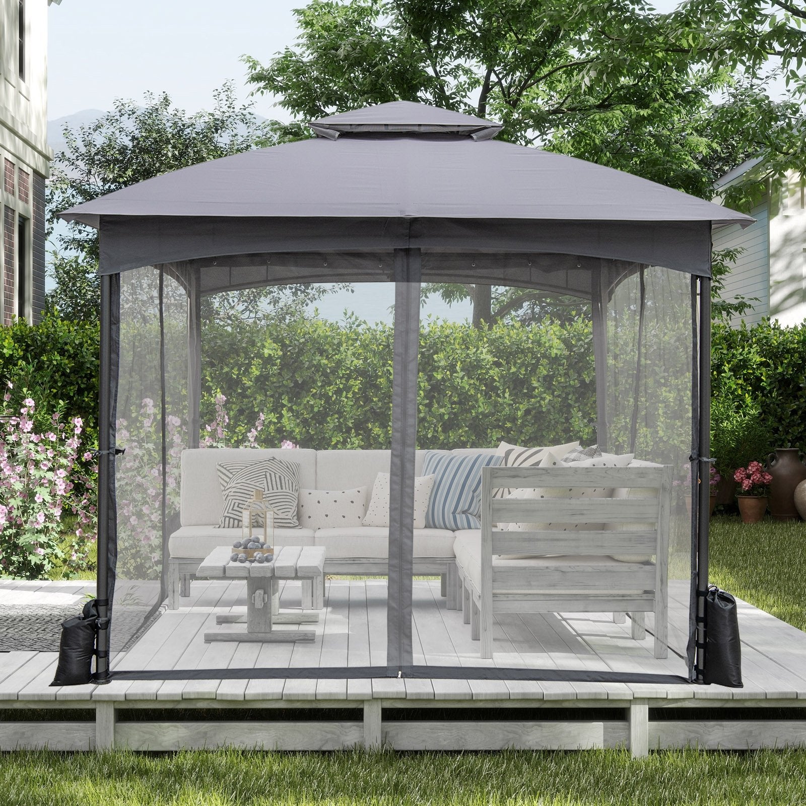 10 X 10 FT Heavy-Duty Patio Gazebo with Netting Walls and 4 Sandbags-Gray