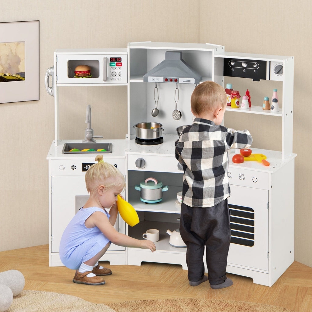 Pretend Play Kitchen Wooden Toy Set with Range Hood Real Sounds and Lights-Brown